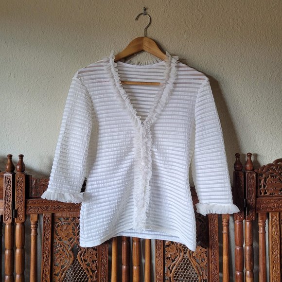 Ruffled Ribbed Sheer Zippered White Blouse - Picture 2 of 15